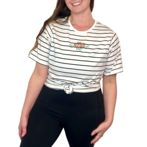 VINTAGE 90s Retro White Black Horizontal Striped T-shirt Top Minimalist Floral - Picture 3 of 7